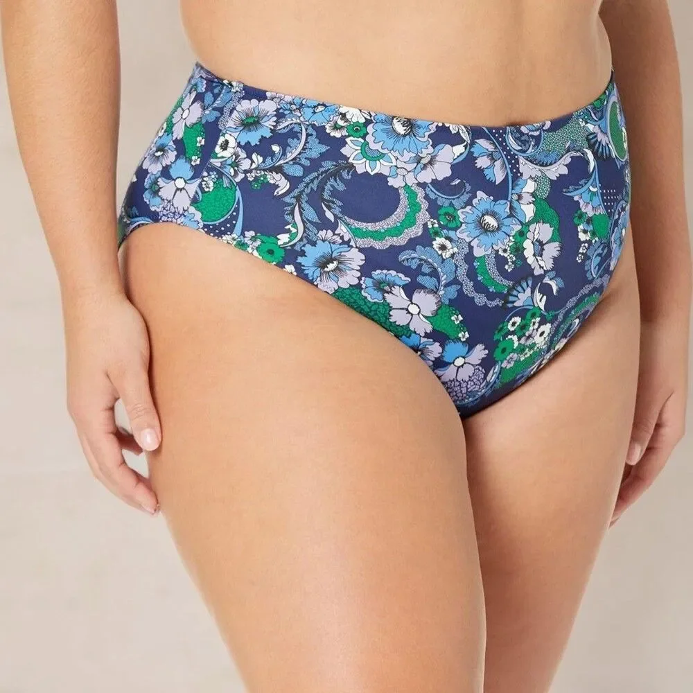 Essentials‎ High Waist Bikini Bottom Women's XL Deep Blue Paisley NEW